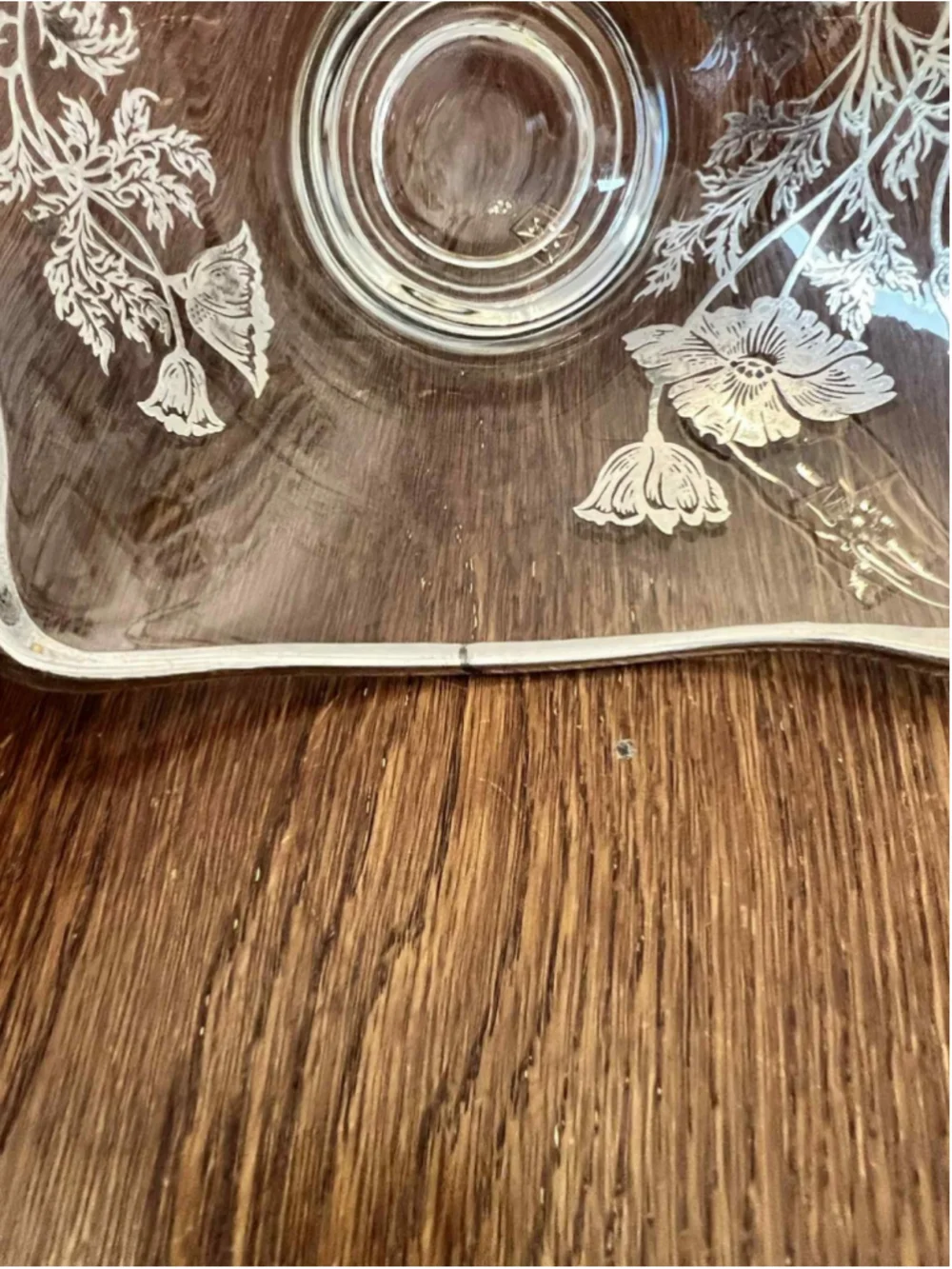 Square Glass Bowl Candy Dish Silver 6in Poppy Pattern Footed Vintage EUC